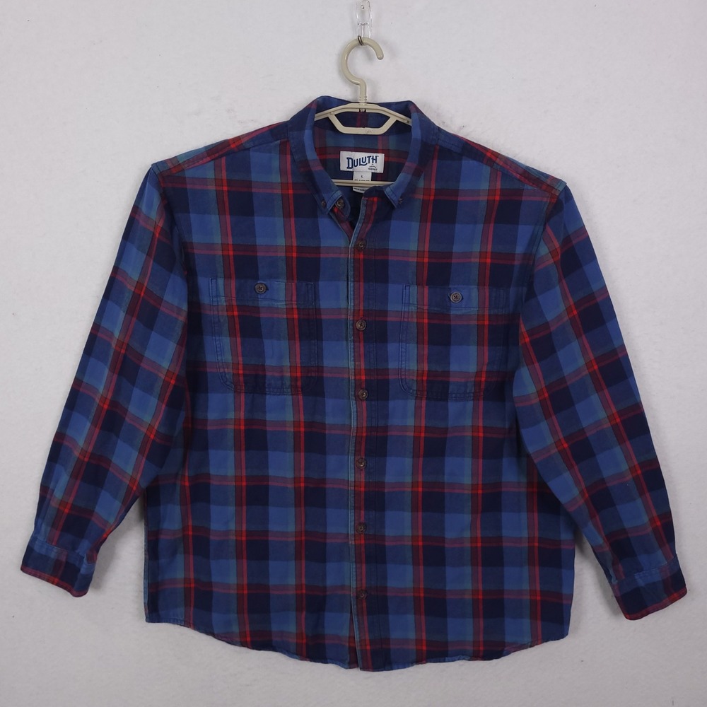 Duluth Trading Flannel Shirt Mens Large Blue Red Plaid Relaxed Fit Gorpcore